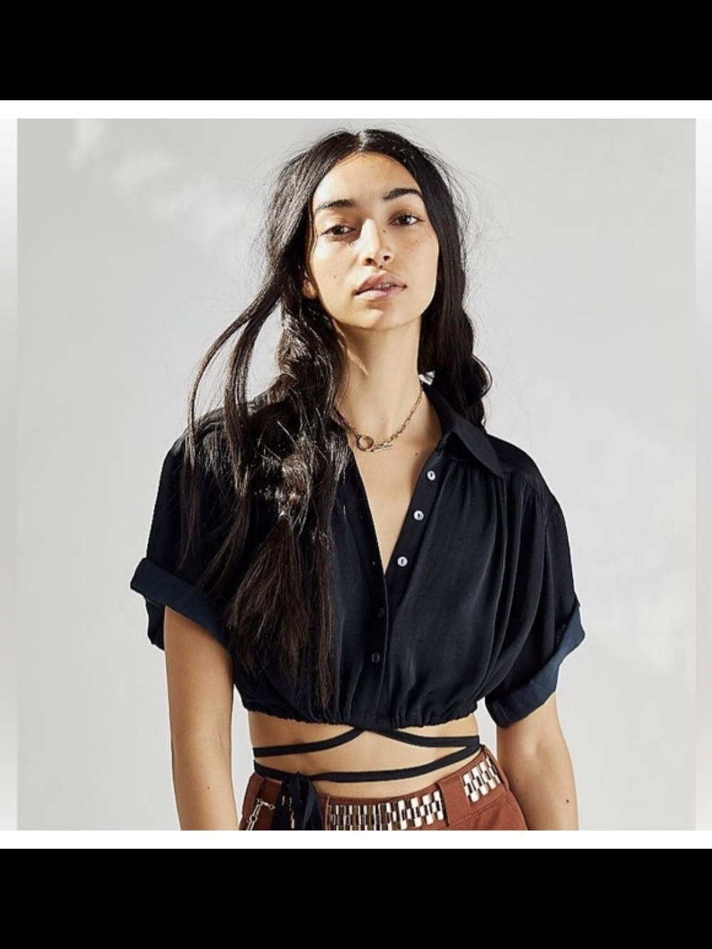 Free People All My Yesterdays Black Crop Top Blouse Button Up Size Small